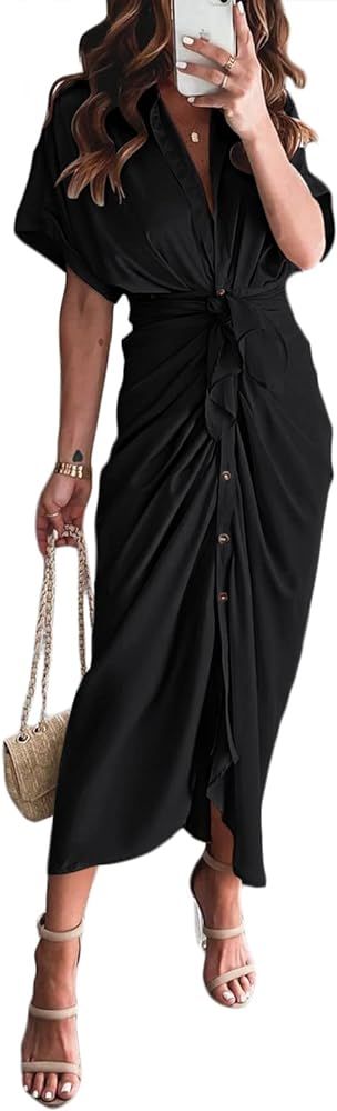 Women Elegant Satin Button Down Short Sleeve Maxi Shirt Dress with Belt | Amazon (US)