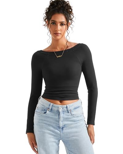 SUUKSESS Women Seamless Ribbed Long Sleeve Tops Crew Neck Modal Going Out Fitted Shirt for Fall (Black, M) | Amazon (US)