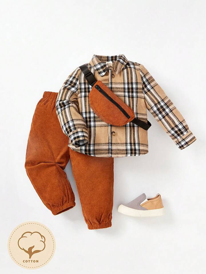 Cozy Cub Baby Boy Plaid Print Shirt & Pants & Bag | SHEIN