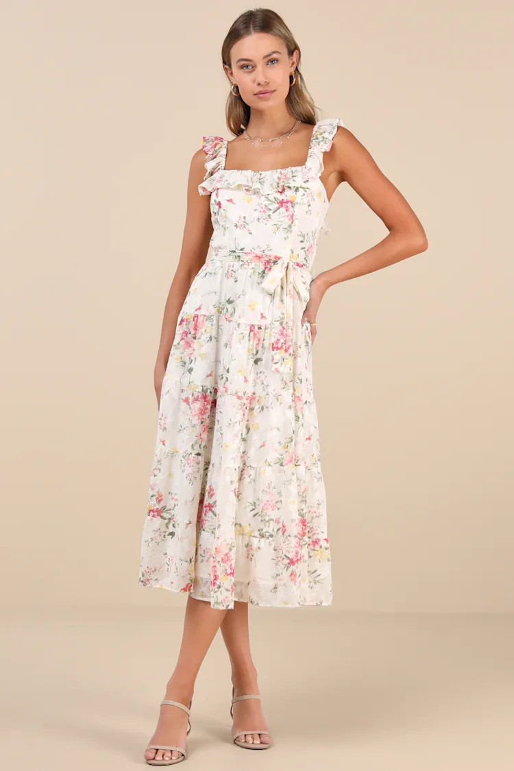 Shela Ivory Floral Jacquard Tiered Midi Dress | Lulus