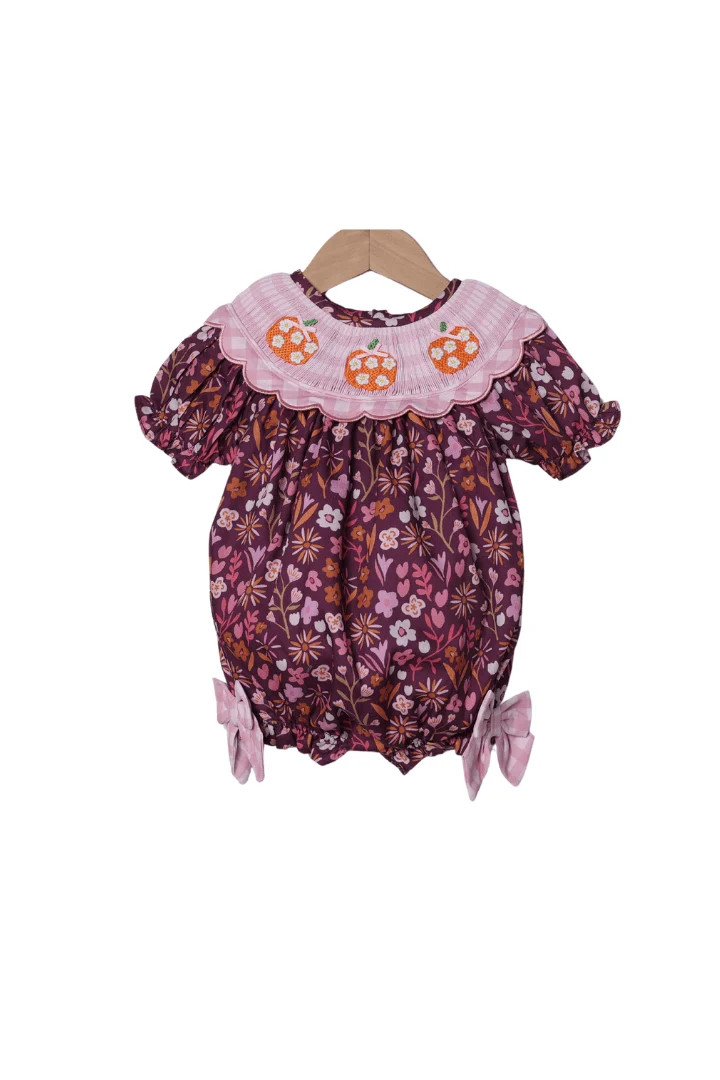 Smocked Pumpkin Maroon Floral Bubble | The Smocked Flamingo