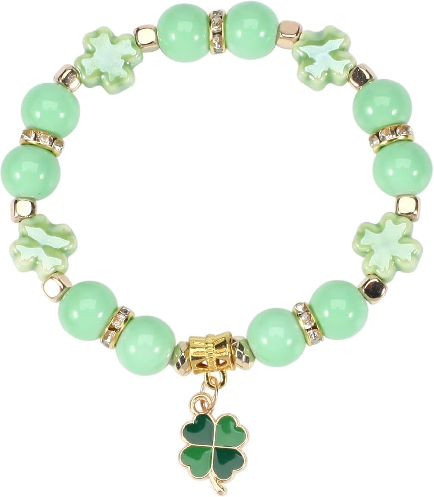 St.Patrick’s Day Bracelets for Women Lucky Leaf Shamrock Charm Bracelet Green Beaded Stretch Br... | Amazon (US)