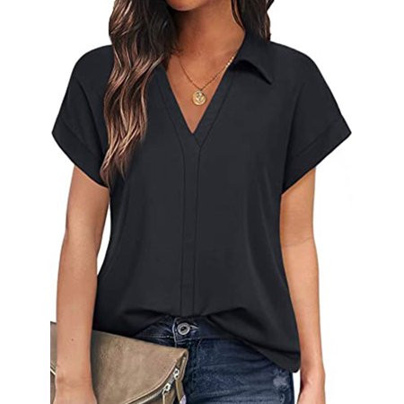 Calzi Women Straight Hem Tunic Shirt Elegant Blouse Casual Plain Shirts V Neck Short Sleeve Tops | Walmart (US)