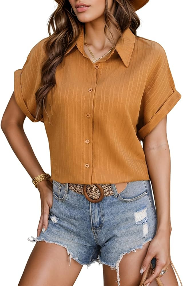 Short Sleeve Button Down Shirts for Women Button Up Tee Tops V Neck Blouse Business Casual Outfit... | Amazon (US)