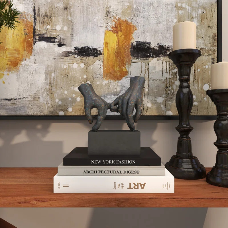 Polystone Weathered Patina Linked Hands Decorative Sculpture with Block Base and Gold Accents | Wayfair North America
