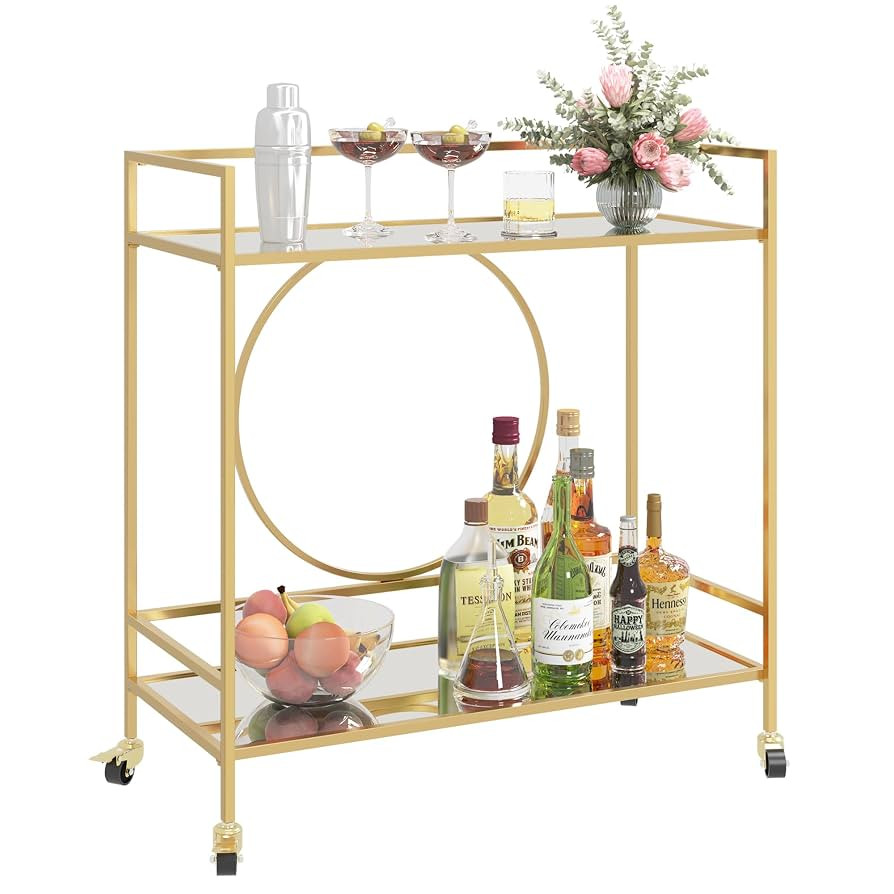 RiteSune Gold Bar Cart, Modern Wine Cart with Wheels, Home Bar Serving Carts with 2 Tier Mirrored... | Amazon (US)