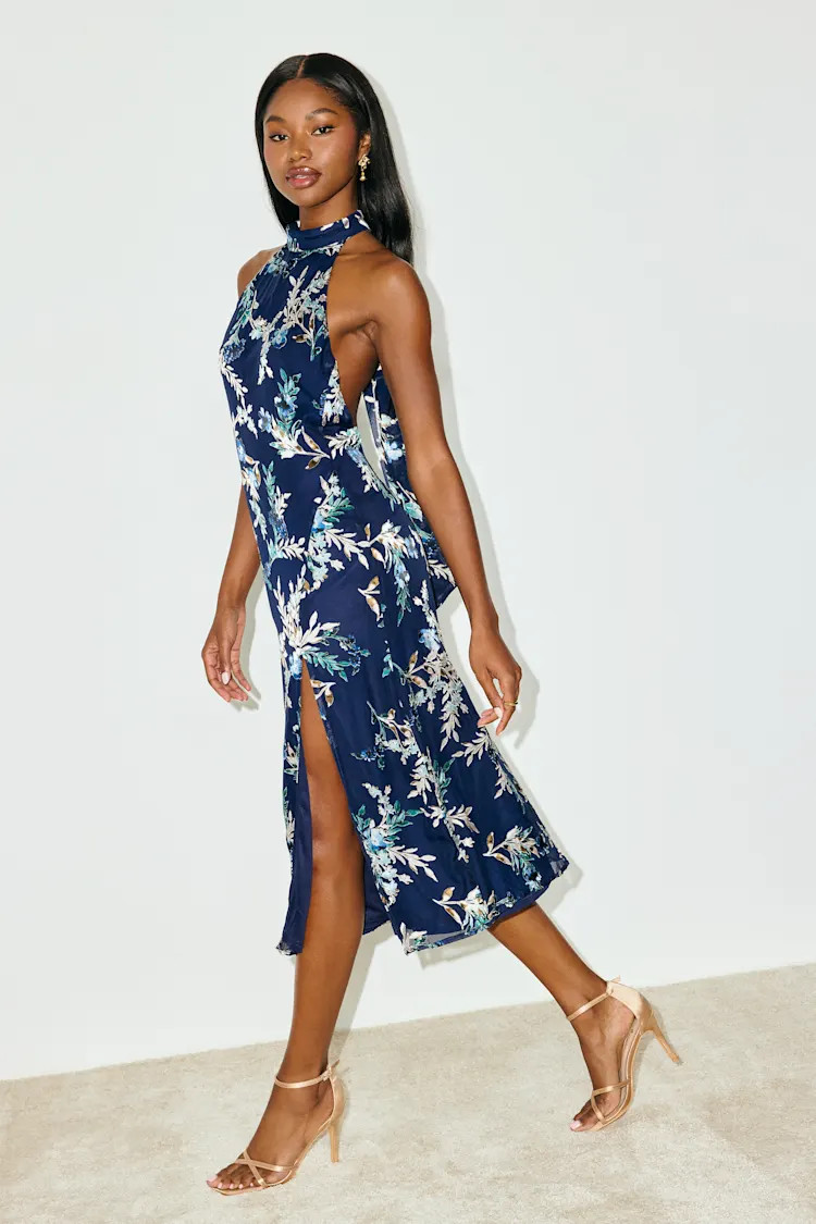 Lizbeth Navy Floral Jacquard Backless Midi Dress | Lulus