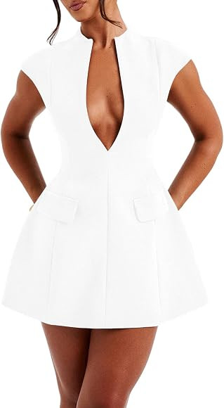 LuFeng Women's Summer Sexy Cap Sleeve Deep V Neck Zipper A-line Mini Dress Hollow Bodycon Night O... | Amazon (UK)