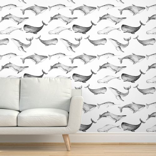 Black and White Watercolor Whales | Spoonflower