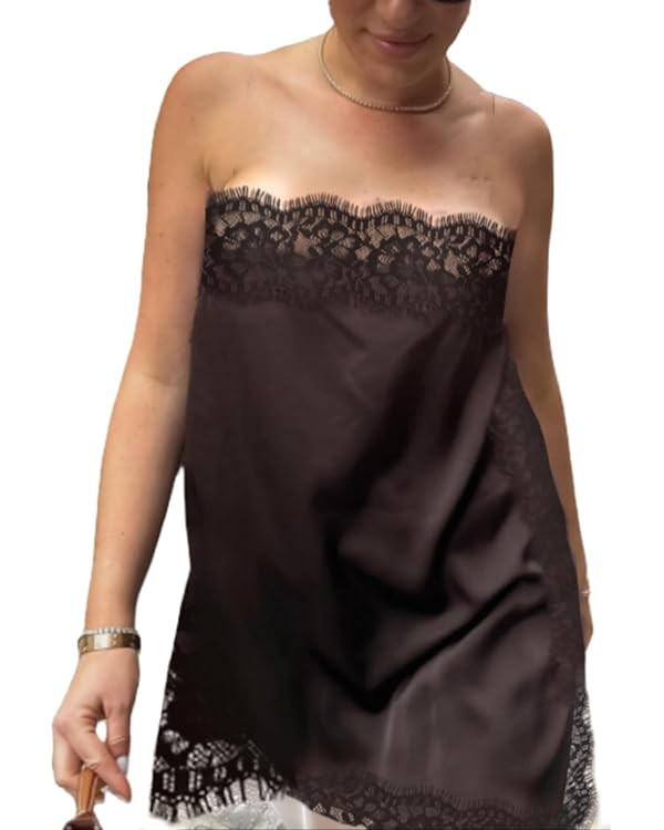 Women Satin Lace Tube Top Silk Strapless Backless Asymmetrical Bandeau Tops Sexy Y2k Going Out St... | Amazon (US)