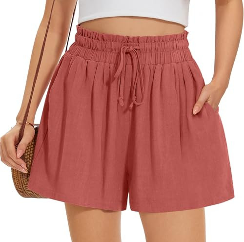 UEU Womens Summer Linen Shorts Casual High Waisted Wide Leg Drawstring Beach Short with Pockets- 3" Inseam (Rust Red, S) | Amazon (US)