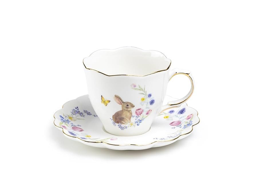 Meadow Bunny Tea Cup and Saucer with Gold Trim, Spring Easter Bunny Floral and Butterfly Tea Cup ... | Amazon (US)