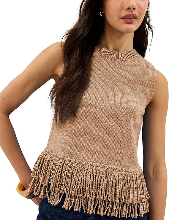 SCUSTY Women's Sleeveless Fringed Hem Knit Vest Summer Lightweight Crewneck Tank Tops | Amazon (US)