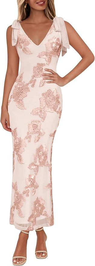 Lazysmile Womens Floral Embroidered Maxi Dress Sleeveless V Neck Tie Strap Ribbon Flower Mesh Par... | Amazon (US)