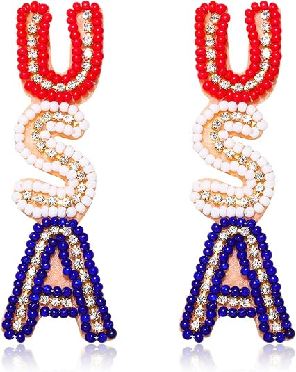 American Flag Earrings 4th of July Earrings for Women Beaded Heart Star Flag Dangle Drop Earrings... | Amazon (US)