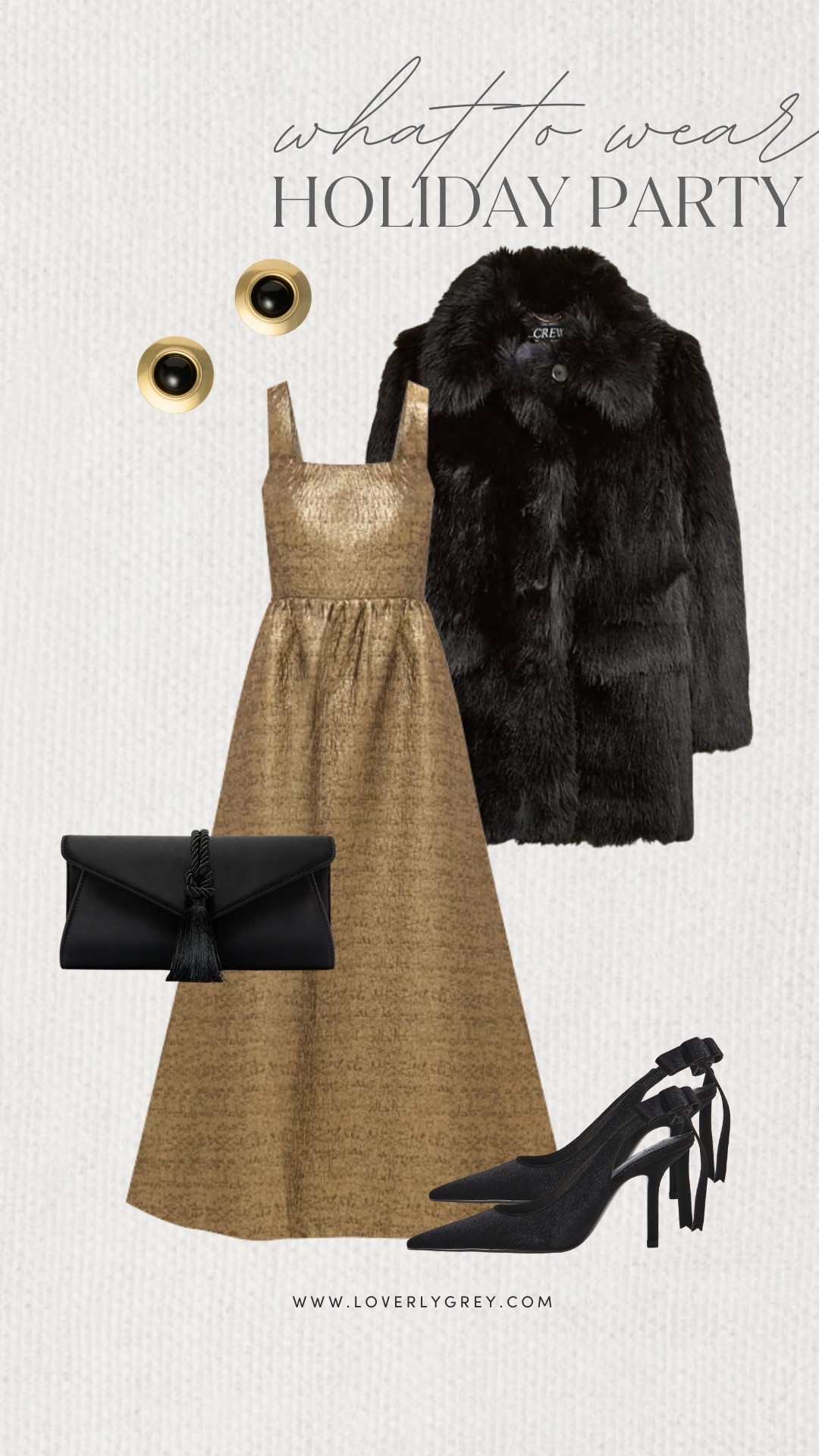Loverly Grey, what to wear to a holiday party. I am loving this gold dress from Tuckernuck. I’d pair it with a fur coat from J.Crew, black heels with a bow detail, and a Tuckernuck purse. Complete the look by adding a pair of statement earrings! Loverly Grey, what to wear, holiday party

#LTKSeasonal #LTKgrwm #LTKHoliday