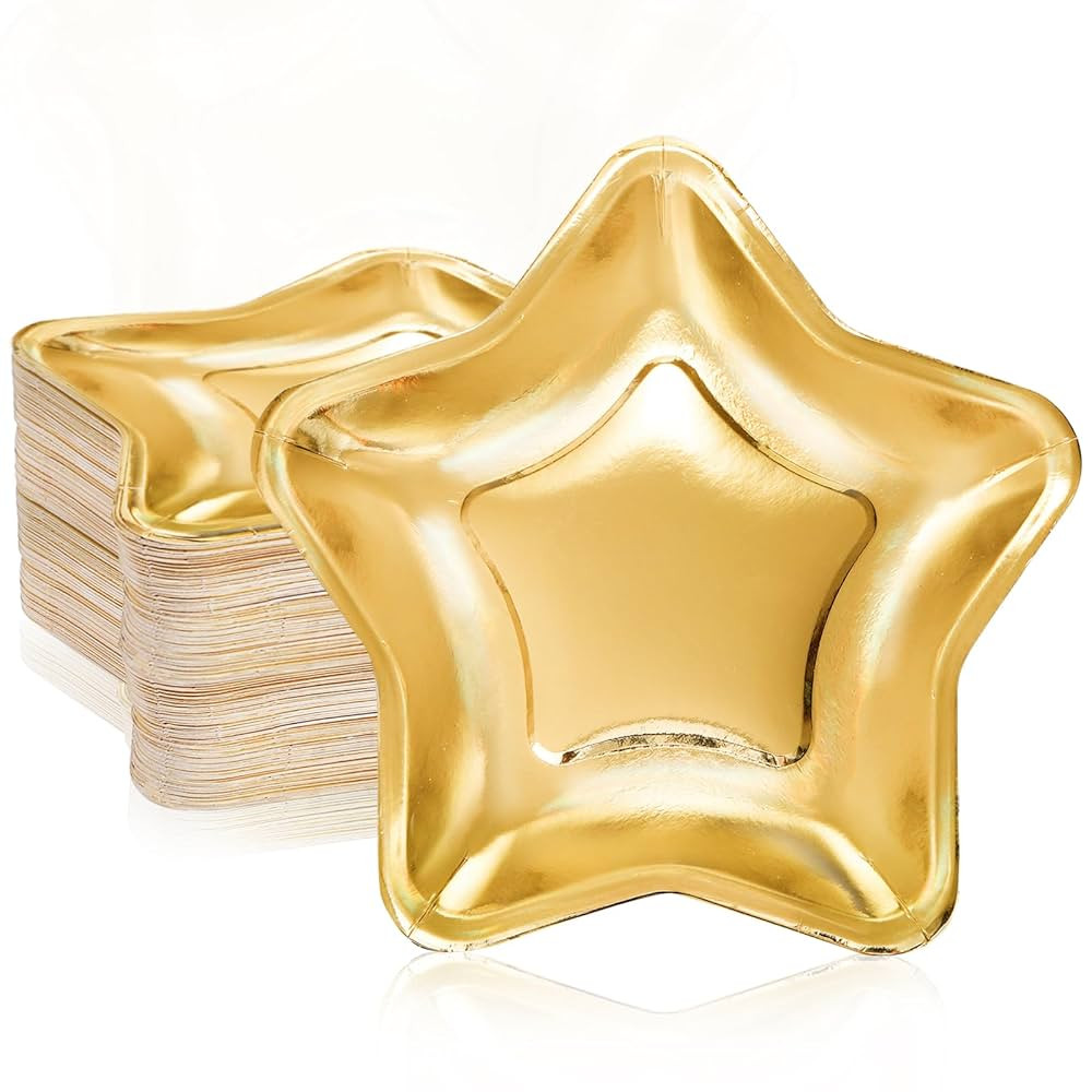 100PCS Star Shape Paper Plates, 9.5 Inches Disposable Pentagram Dinnerware, Gold Twinkle Star Pap... | Amazon (US)