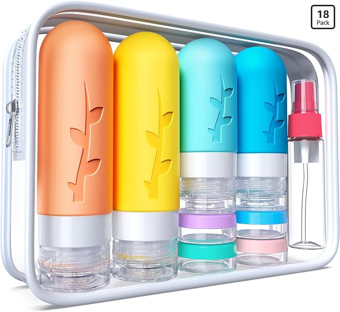 Paquete de 18 botellas de viaje para art\u00edculos de tocador: recipientes de silicona aprobados... | Amazon (US)