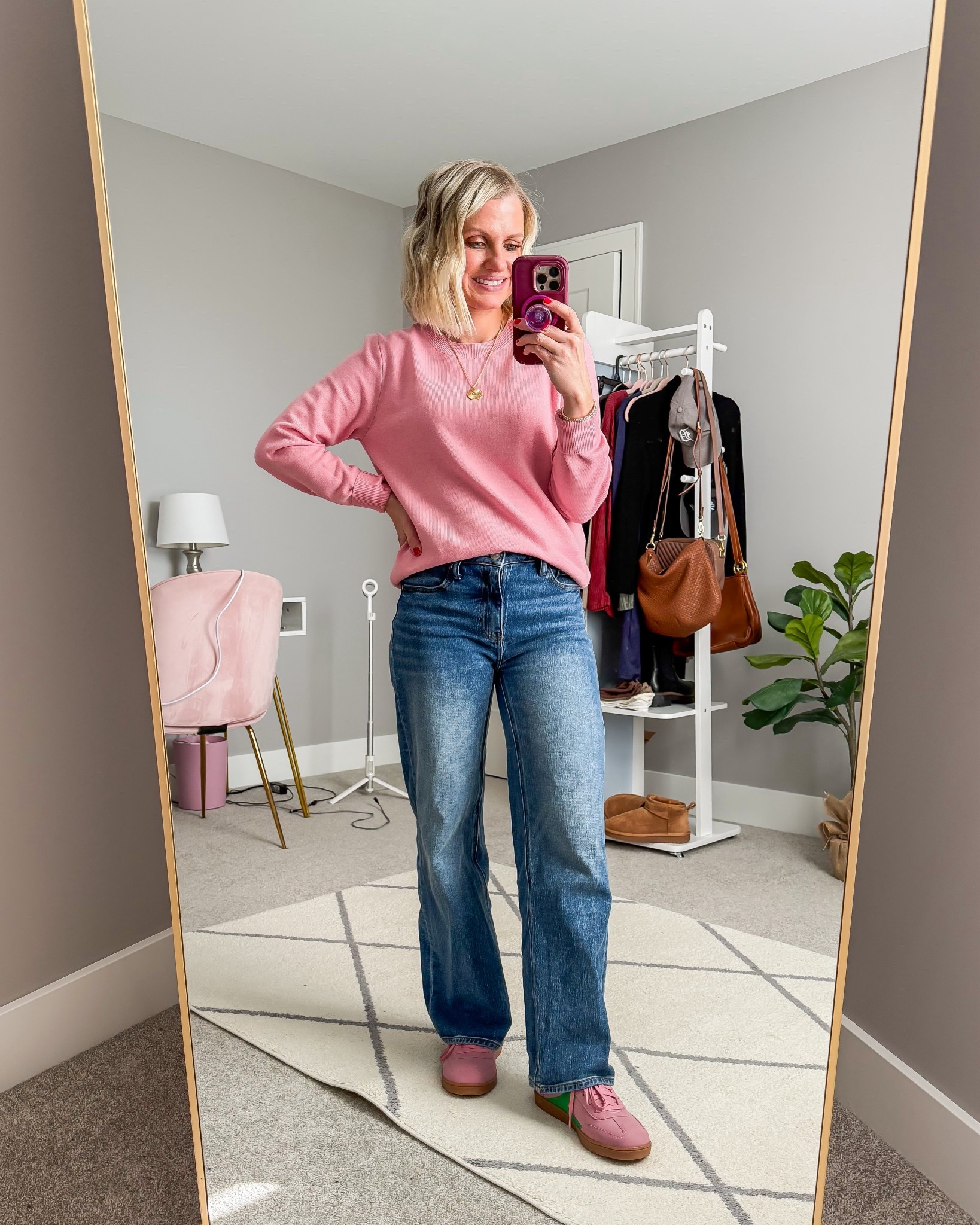 What I wore this week! Winter outfit with a pink sweater and relaxed straight leg jeans. 
Sweater- small
Jeans- 25/28” inseam

#LTKPetite #LTKOver40 #LTKootd