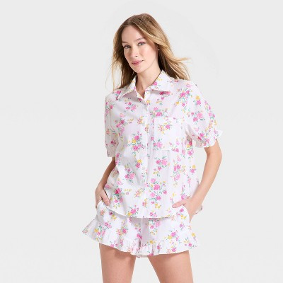 Women's Mommy & Me Ruffle Short Sleeve Notch Collar Shirt and Shorts Pajama Set - Auden™ White S | Target