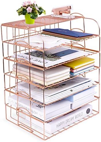 6 Tier Stackable Letter Tray, Rose Gold File Organizer Desk Organizers and Accessories for Women ... | Amazon (US)