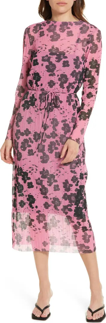 & Other Stories Floral Long Sleeve Plissé Mesh Midi Dress | Nordstrom | Nordstrom