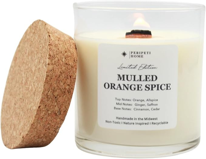 PERIPETI Home Mulled Orange Spice Scented Candle, Wooden Wick – 8.5oz Natural Soy Wax for Energ... | Amazon (US)