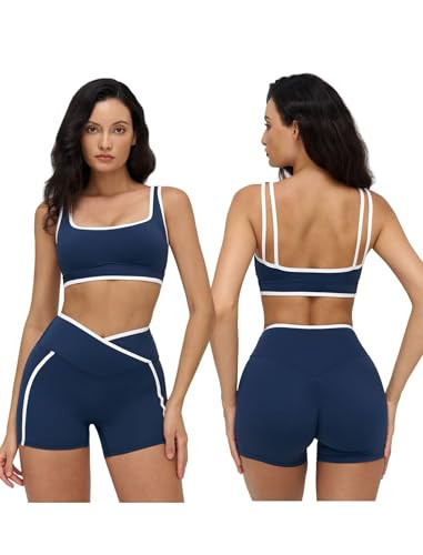 Two Piece Workout Sets for Women Backless Color Block Crop Tank Sports Bra Matching High Waist Booty Lifting Biker Shorts Womens Athletic Work Out Set 2 Piece Gym Yoga Active Wear Outfits S Dark Blue | Amazon (US)
