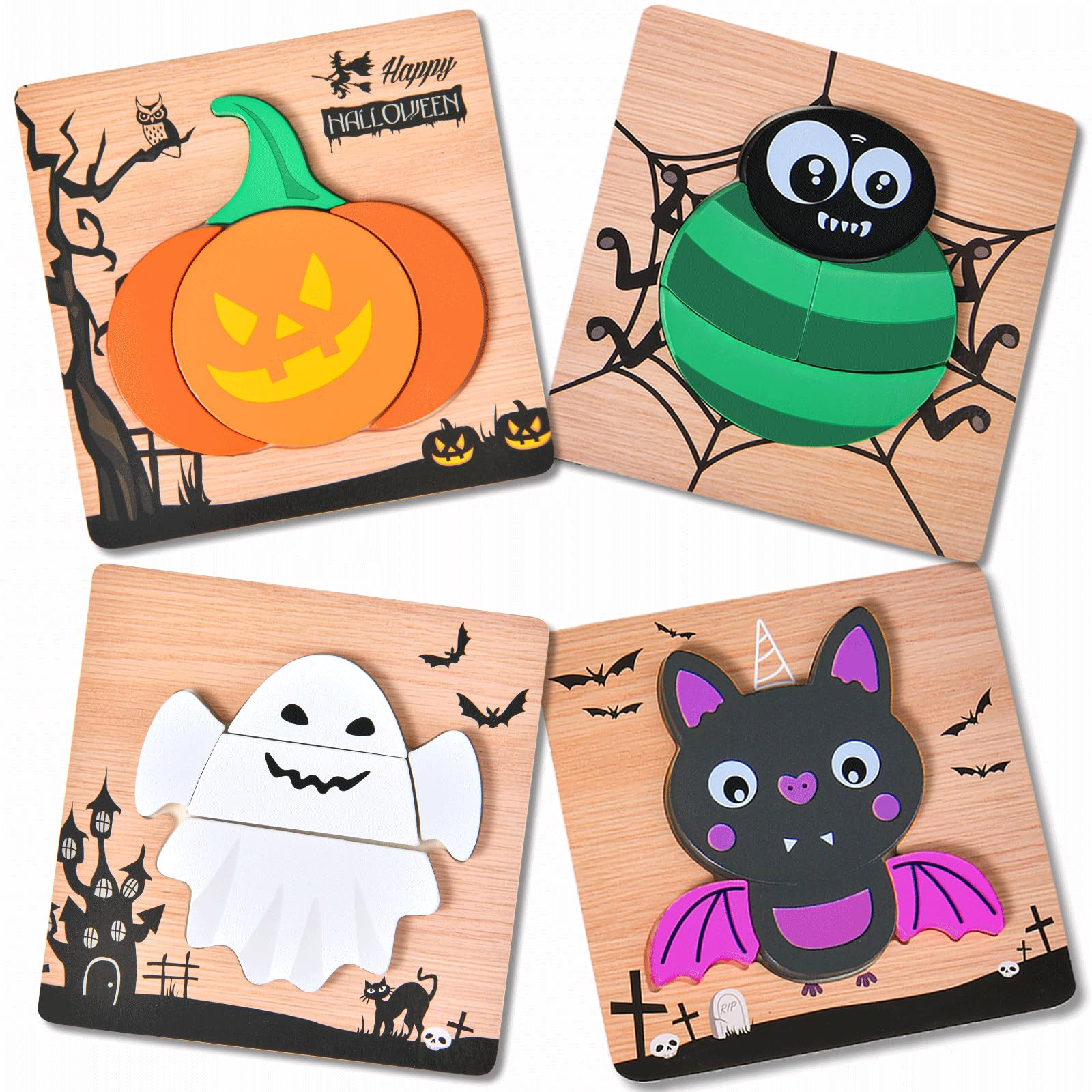 4 Pack Halloween Wooden Puzzles for Kids Toddlers Jigsaw Puzzles Halloween Toys for Halloween Par... | Amazon (US)
