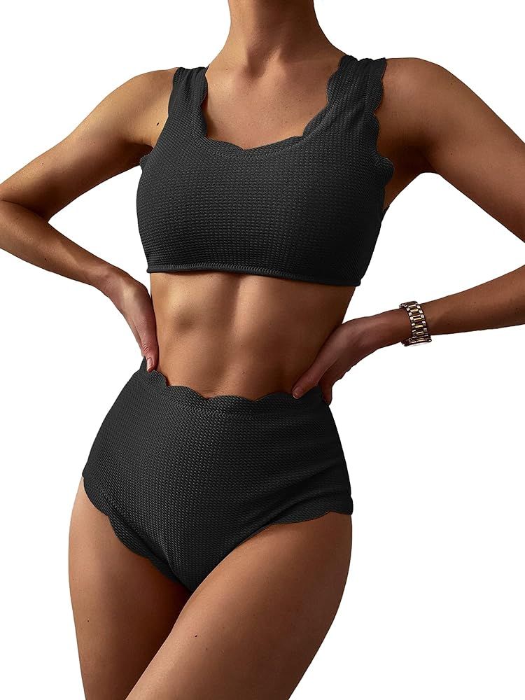 ZAFUL High Waisted Swimsuits for Women Scalloped Bikini Sets Back Lace-Up Tankini Sets Tummy Cont... | Amazon (US)