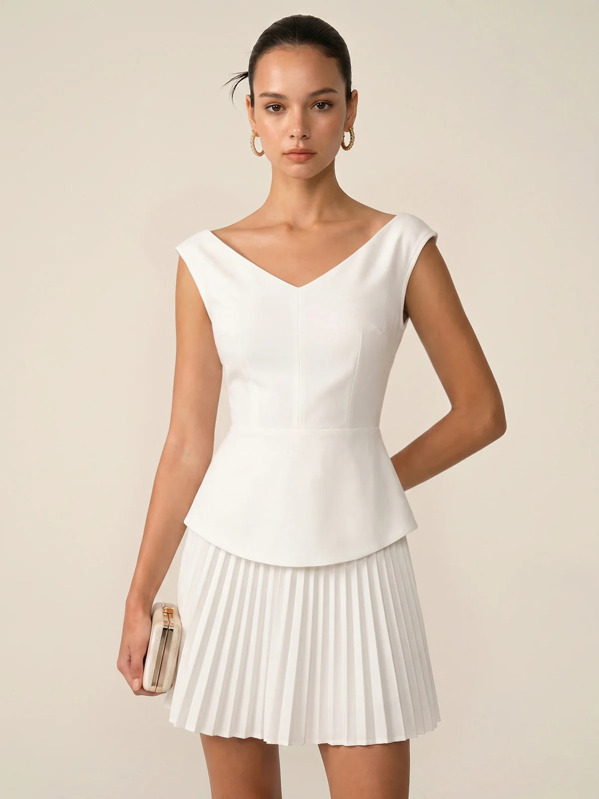 Sleeveless V Neck Pleated Mini Dress | Commense