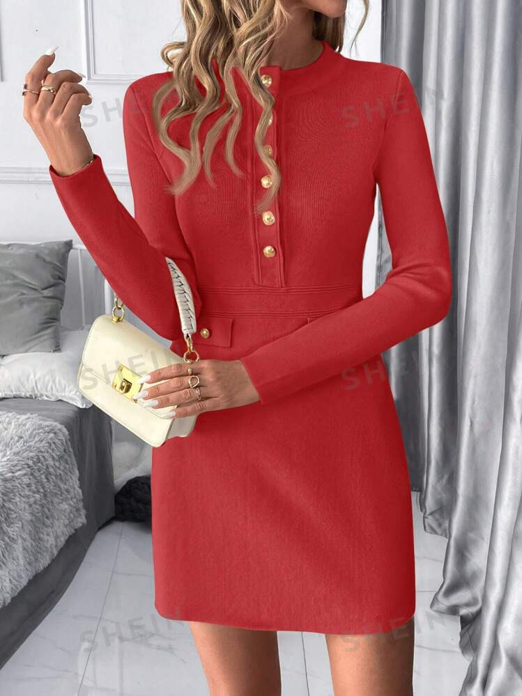 SHEIN Clasi Women's Elegant Button Decor Short Sweater Dress For Commute | SHEIN USA | SHEIN