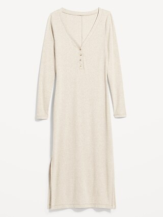 Fitted Long-Sleeve Heathered Rib-Knit Henley Midi Dress for Women | Old Navy (US)