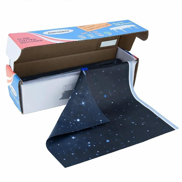 Disposable Tablecloth Roll 54" x 100' with Built-in Cutter Box – Heavy Duty Waterproof, Wrinkle-Resistant Plastic Table Cover – Cut to Size for Rectangle, Round & Oval Tables – Starry Sky | Amazon (US)