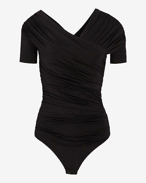 Body Contour Silky Ruched Asymmetrical Neckline Thong Bodysuit | Express