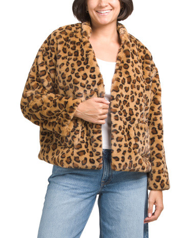 Faux Fur Cropped Leopard Print Jacket for Women | Polyester/Spandex | Marshalls