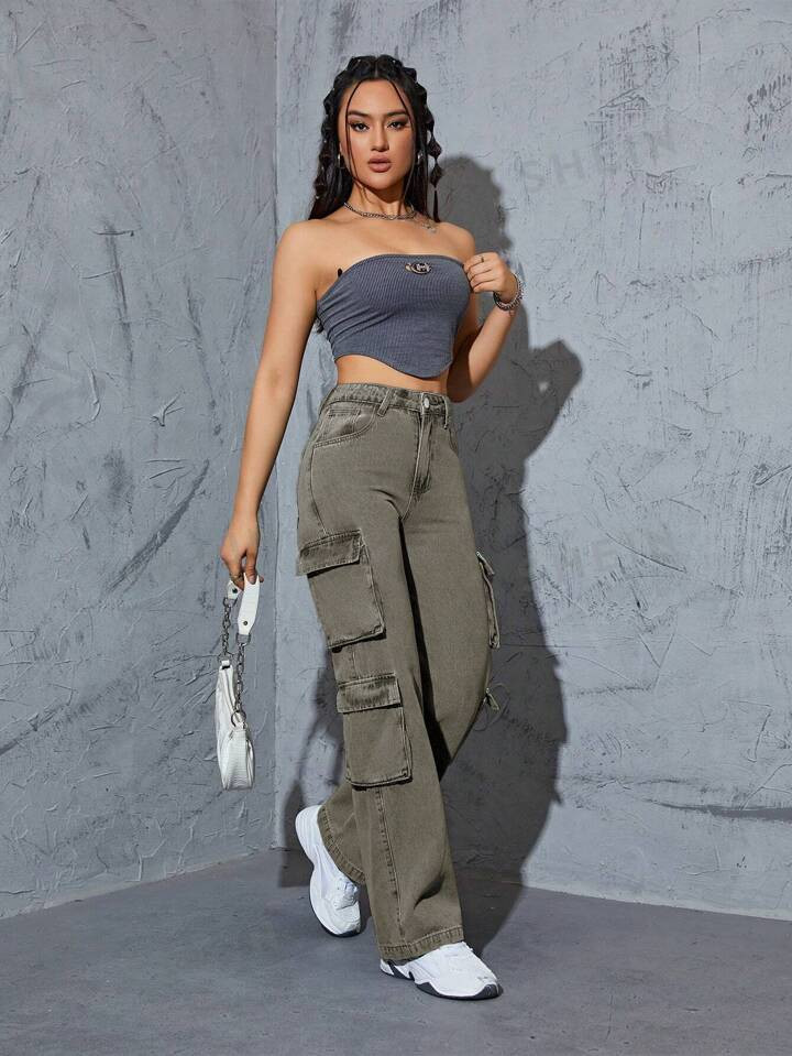 Women'S Y2k Multi-Pocket High-Waisted Straight-Leg Jeans With Cargo Style | SHEIN