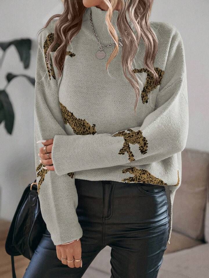 SHEIN LUNE Leopard Pattern High Neck Split Hem Drop Shoulder Sweater | SHEIN