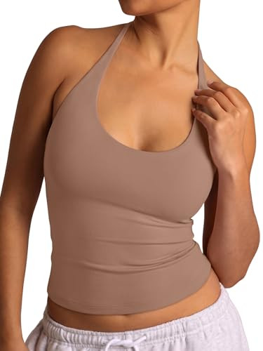 REORIA Women's Halter Tank Tops Basic Tie Scoop Neck Backless Double Lined Going Out Outfits Cute Summer Trendy Sleeveless Shirts Khaki | Amazon (US)