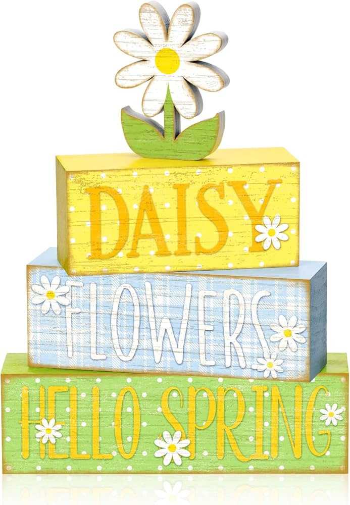 4Pcs Daisy Flower Hello Spring Wooden Stack Signs Rustic Farmhouse Tiered Tray Decor Yellow Blue ... | Amazon (US)