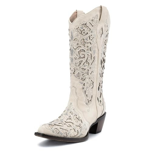 Huntarry White Rhinestone Cowboy Boots for Women Sparkle Glitter Wedding Boots for Bride Vintage Embroidered Mid Calf Western Cowgirl Boot Pull on Square Toe Chunky Block Heel Knee High Boot 8.5 | Amazon (US)