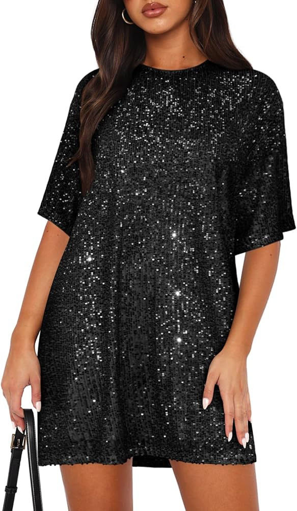 Women's Crew Neck Sequin Dress for Women Sexy V Neck Shirt Dress Sparkly Half Sleeve Loose Party ... | Amazon (US)