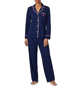 Lauren Ralph Lauren Solid Textured Knit Long Sleeve Notch Collar Long Pajama Set - M | Dillard's
