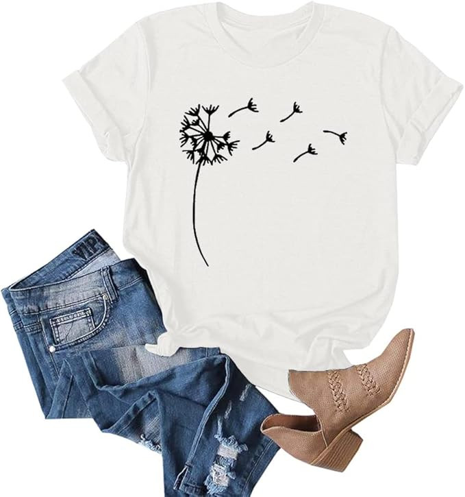 Cicy Bell Women's Dandelion Print T Shirts Cute Graphic Tees Short Sleeve Summer Cotton Tee Tops | Amazon (US)