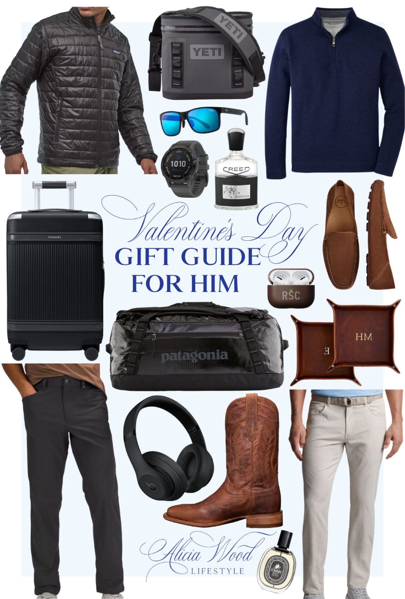 Valentine’s Day Gift Guide Inspiration for Him

SHOP ALL PRODUCTS:
https://www.aliciawoodlifestyle.com/best-valentines-gifts-for-him/

Blue Peter Millar sports jacket 
Tumi travel carry-on luggage 
Leather Mark and Graham catchall tray 
Airpods case 
Hermès mens fragrance 
Poker set 
Lululemon ABC pant 
Brown loafers 
Beats headphones 
Creed cologne 
Wallet
Yeti cooler
Cooling and heating mattress pad from Amazon
Nespresso coffee maker 
Monogram duffle 
Quarter zip sweatshirt 
Patagonia duffle gym bag 
Plaid button-down 
Quilted jacket
Robe 
Vuori Athletic shorts
Bose headphones
On Cloud running shoe 
Faherty shirt jacket with pockets
Garmin watch 
Therabody Theragun
Commute clutch 
Personalized ice cream 
Tech folio 
Leather backgammon set
Outdoor headlamp light
Williams Sonoma Coravin Timeless Model 6+ Wine Preservation System
Paravel Aviator Carry-On Plus
Leather overnighter duffle
AirPods
Tecovas The Doc brown broad square toe boots
Travel pouch for toiletries and cosmetics
Knit blazer
Waterproof roll top backpack 
Wireless charging accessory tray 
Diptyque fragrance at Nordstrom 
Vinglacé wine and champagne chiller
Maui Jim polarized rectangular mens sunglasses
Sonos smart speaker

#LTKGiftGuide #LTKmens #LTKSeasonal