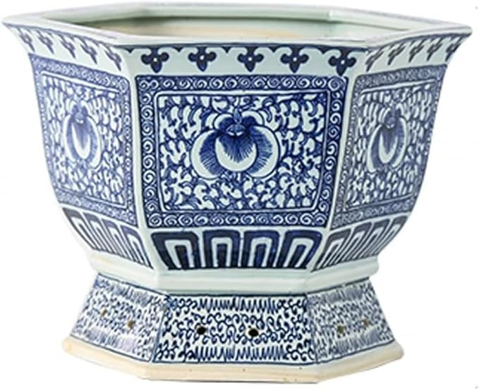 Blue and White Hexagon Porcelain Flowerpot Chinoiserie Jingdezhen Home Garden Planter Hand Drawn ... | Amazon (US)