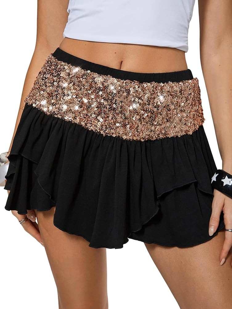 OYOANGLE Women's Summer Flowy Mini Skorts Skirts Sequin Sparkly Rave Outfit | Amazon (US)