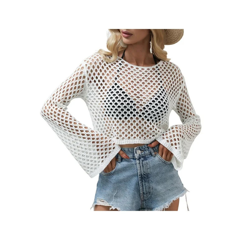 Gwiyeopda Women Crochet Hollow Out Long Sleeve Fishnet Shirt Crop Top Bikini Cover Ups | Walmart (US)
