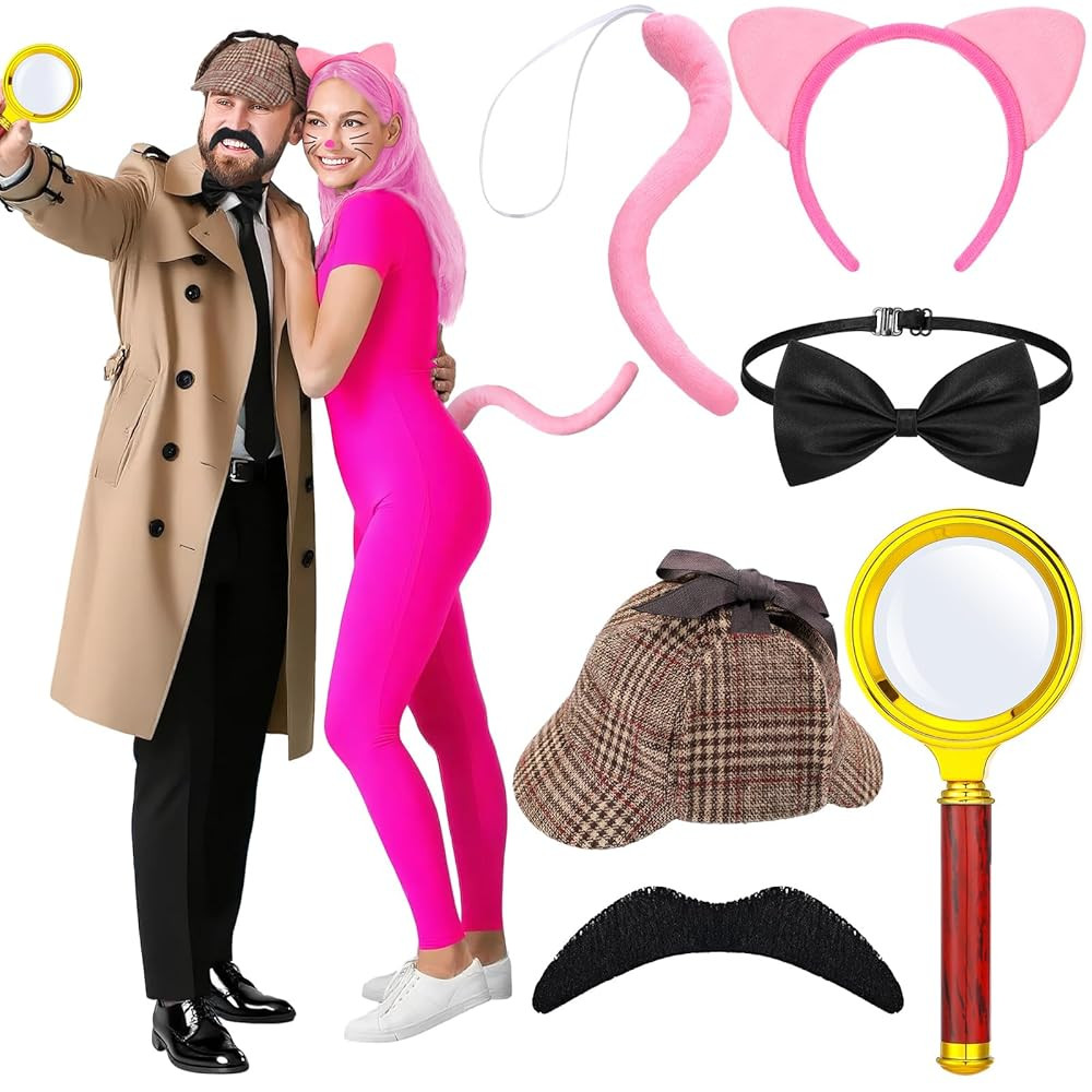 6 Pcs Detective Adult Costume Accessories and Pink Leopard Cat Ears Tail Set Couple Costume Detec... | Amazon (US)