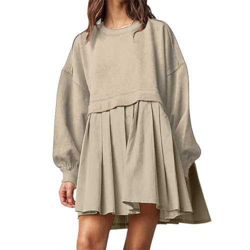 SCORP Women's Pullover Sweatshirt Dress Long Sleeve Loose Flowy Pleated 2025 Fall Mini Dress Tops Khaki XL | Amazon (US)